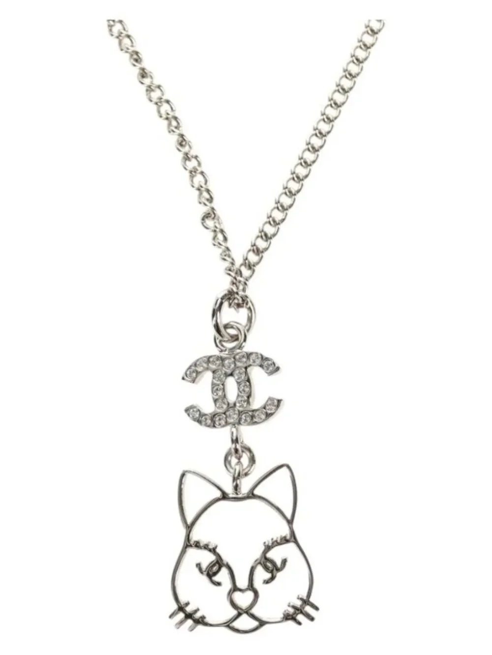 CHANEL COCO Mark Cat Necklace metal Silver CC Auth 184248M